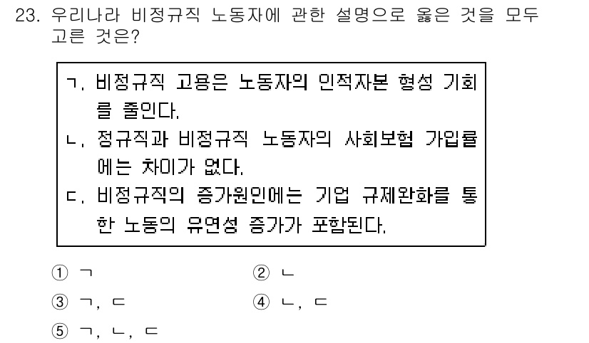 사회복지사_1급(3교시) 2019년 23번 - 정답은 4번이다. 비정규직 노동자는 기존의 기업 규제와 정책의 영향을 받... 에 관한 핵심 기출문제