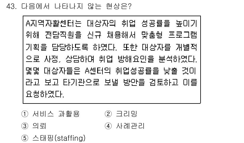 사회복지사_1급(3교시) 2019년 43번 - A지역활동센터는 대상자의 취업 성공률을 높이기 위해 맞춤형 프로그램을 개... 에 관한 핵심 기출문제