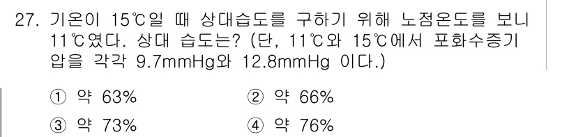 기상기사 2017년 27번 - 기온이 15°C일 때의 상대습도를 구하기 위해서는 해당 온도의 포화수증기... 에 관한 핵심 기출문제