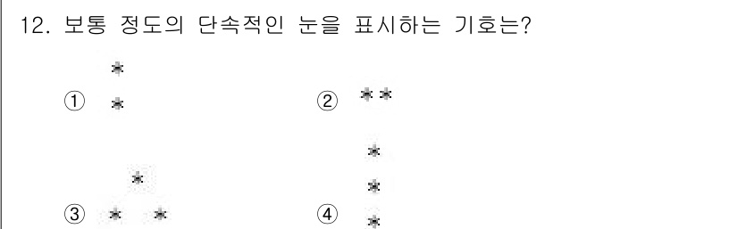 기상기사 2018년 12번 - 해설: 보통 정도의 단속적인 눈은 밝고 일정한 간격으로 떨어진 눈송이 형... 에 관한 핵심 기출문제