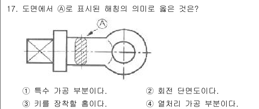 금속재료시험기능사 2015년 17번 - A로 표시된 해칭은 "특수 가공 부분"을 의미한다. 이는 일반적인 형상과... 에 관한 핵심 기출문제
