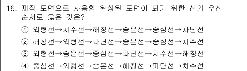 금속재료시험기능사 2016년 17번 - 제작 도면에 사용된 완선형 도면은 각 선의 우선 순위에 따라 해석된다. ... 에 관한 핵심 기출문제