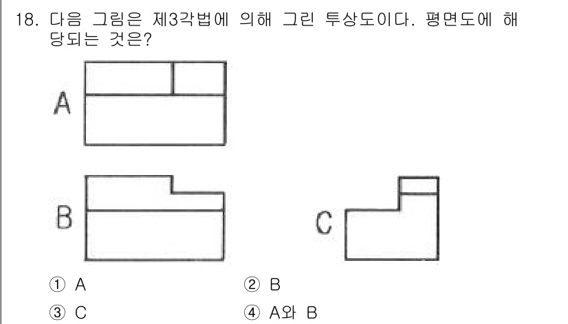 금속재료시험기능사 2016년 19번 - 정답은 2번 B이다. 제3각법에서 평면 도면은 객체의 주요 형상을 직관적... 에 관한 핵심 기출문제