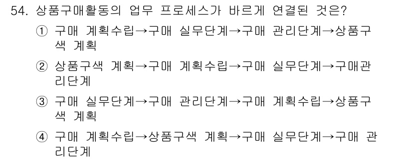 패션머천다이징산업기사 2015년 54번 - 정답 4번은 상품 구매 활동의 프로세스 순서를 올바르게 연결한 것입니다.... 에 관한 핵심 기출문제