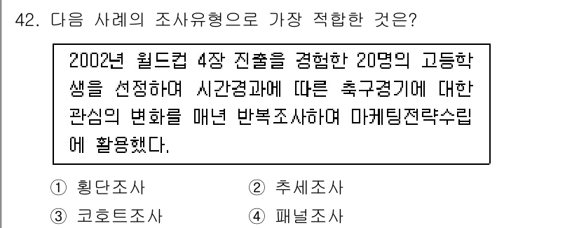 텔레마케팅관리사 2019년 42번 - 정답은 4번 "패널조사"이다. 패널조사는 동일 집단에서 반복적으로 데이터... 에 관한 핵심 기출문제