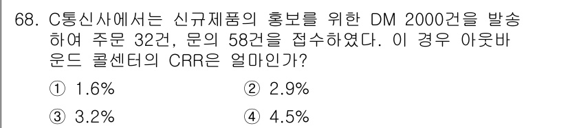 텔레마케팅관리사 2019년 68번 - 콜센터의 CRR(콜백 비율)은 수신한 주문 수를 총 접수한 문의 수로 나... 에 관한 핵심 기출문제