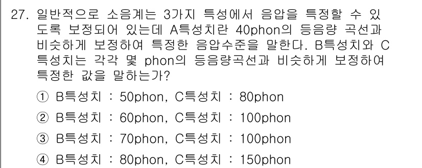 인간공학기사 2016년 27번 - 주어진 정보에서 A, B, C의 음압 수준을 비교했을 때, C 특성치는 ... 에 관한 핵심 기출문제