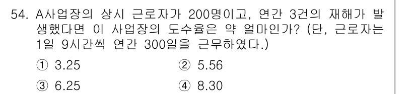 인간공학기사 2016년 54번 - 이 문제는 연간 재해 발생횟수에 따른 사업장의 도수율을 계산하는 문제입니... 에 관한 핵심 기출문제