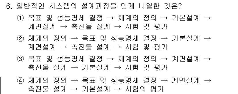 인간공학기사 2016년 6번 - . 

정상적인 시스템 설계 과정은 목표 및 성능명세 결정에서 시작하여,... 에 관한 핵심 기출문제