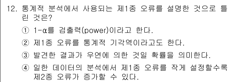 인간공학기사 2017년 12번 - α-수는 통계적 검정에서 제1종 오류의 확률을 나타내며, 이는 귀무가설이... 에 관한 핵심 기출문제