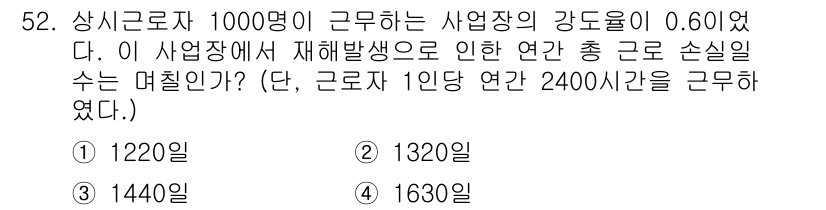 인간공학기사 2017년 52번 - 직원 1명이 사고로 인한 결근으로 손실되는 일수는 다음과 같은 계산으로 ... 에 관한 핵심 기출문제