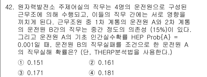 인간공학기사 2018년 42번 - 문제에서 주어진 직무 간의 영향을 고려하면, 원자력발전소의 직무 A와 B... 에 관한 핵심 기출문제