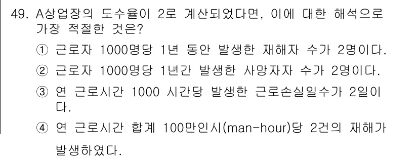 인간공학기사 2018년 49번 - 인적 요인에 의해 발생하는 재해 수가 2명으로, 이는 근로자 1000명당... 에 관한 핵심 기출문제