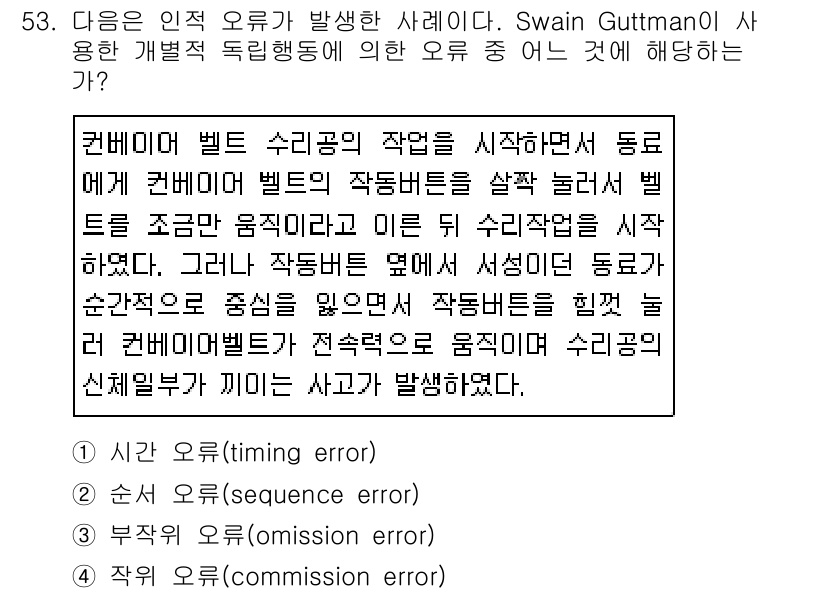 인간공학기사 2018년 53번 - 정답인 4번은 작업의 순서를 잘못 이해하고 실행함으로써 발생한 오류입니다... 에 관한 핵심 기출문제