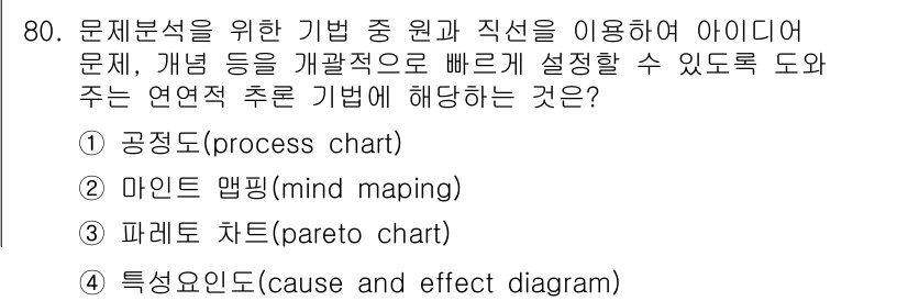인간공학기사 2018년 80번 - 정답은 1번, 공정도(process chart)입니다. 공정도는 작업의 ... 에 관한 핵심 기출문제