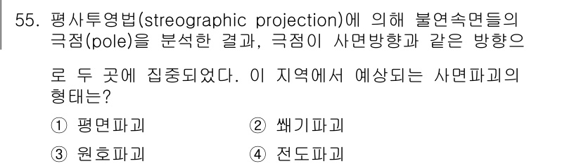 화약류관리기사 2015년 56번 - 스테레오그래픽 투영법에서는 극점이 사면파괴와 비슷한 방향으로 집중되기 때... 에 관한 핵심 기출문제