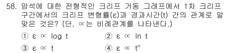 화약류관리기사 2015년 59번 - 문제에서 크리프 변형률(ε)과 경과시간(t) 간의 관계를 묻고 있다. 일... 에 관한 핵심 기출문제