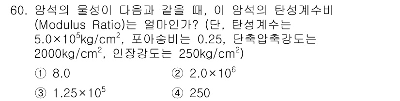화약류관리기사 2016년 60번 - 주어진 문제에서 암석의 물성이 주어졌을 때, 탄성계수비(Modulus R... 에 관한 핵심 기출문제