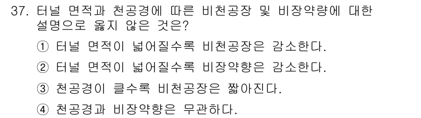 화약류관리기사 2017년 37번 - 정답 4번은 터널 면적과 비장크기 간의 관계에 대한 잘못된 설명입니다. ... 에 관한 핵심 기출문제