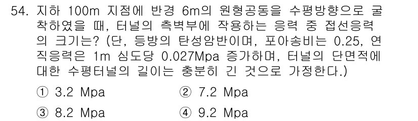 화약류관리기사 2017년 54번 - 주어진 조건을 바탕으로 터널의 압력 강도를 계산하면, 주어진 값들(단면적... 에 관한 핵심 기출문제