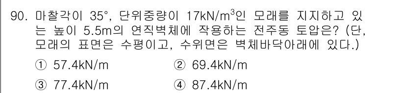 화약류관리기사 2017년 90번 - 주어진 문제에서 토압을 계산하기 위해 마찰각과 단위 중량을 고려해야 합니... 에 관한 핵심 기출문제