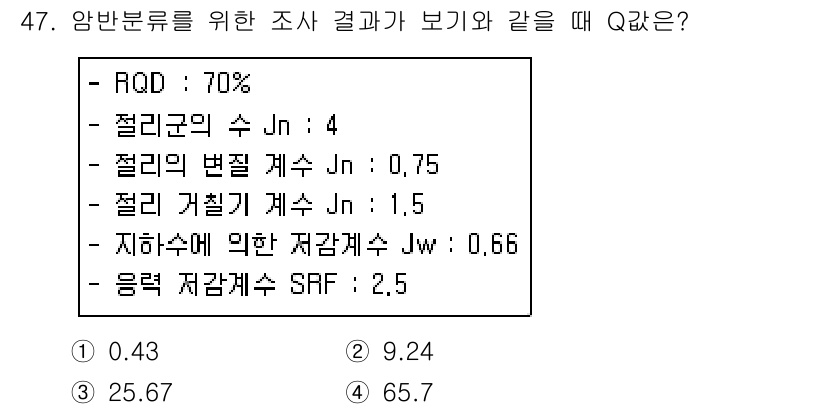 화약류관리기사 2018년 47번 - 문제에서 주어진 RQD와 다른 지질적 성질을 바탕으로 Q값을 계산해야 합... 에 관한 핵심 기출문제