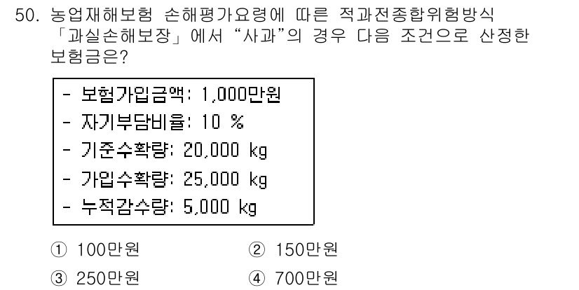손해평가사 2018년 50번 - 보험계약의 가입금액이 1,000만 원으로 설정되어 있고, 자기부담금이 1... 에 관한 핵심 기출문제