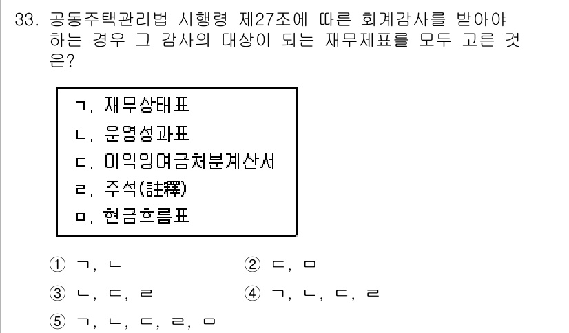 주택관리사보_2차 2017년 33번 - 제27조에 따르면 회계감사를 받는 경우, 감사가 이루어지는 재무제표는 모... 에 관한 핵심 기출문제