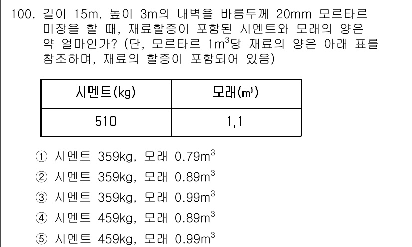 주택관리사보_1차 2015년 100번 - 모르타르의 밀도는 1.1 kg/L이며, 1 m³의 모르타르는 1,100 ... 에 관한 핵심 기출문제
