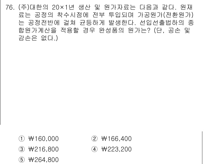 주택관리사보_1차 2015년 76번 - 주어진 문제에서 원자재의 소비량과 총원가를 계산하여 선입선출법에 따른 재... 에 관한 핵심 기출문제