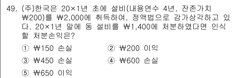 주택관리사보_1차 2016년 49번 - 잔존가치가 W200이므로, 감가상각 기간 동안의 총 비용은 W2,000 ... 에 관한 핵심 기출문제