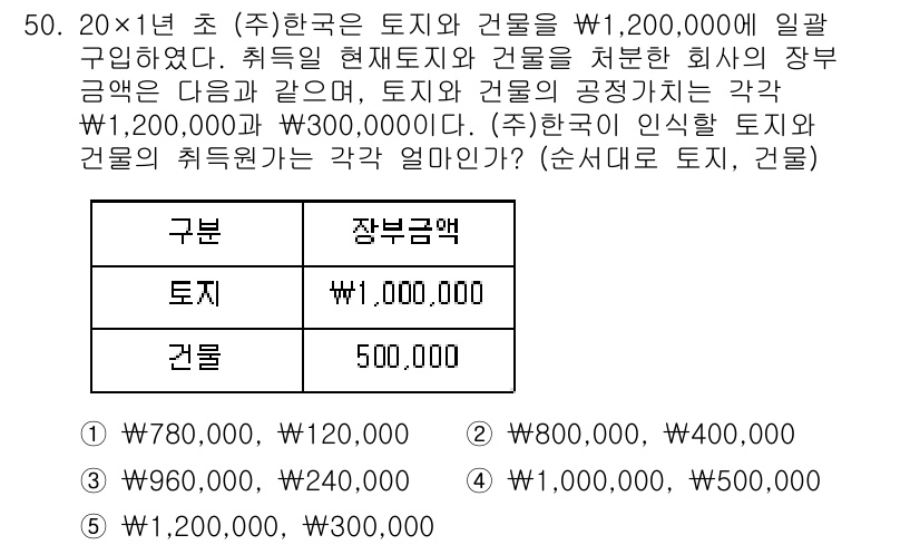 주택관리사보_1차 2017년 50번 - 문제에서 주어진 土地와 建物의 장부가격을 기준으로, 회사의 총 자산 가치... 에 관한 핵심 기출문제