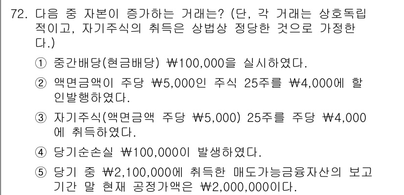 주택관리사보_1차 2017년 72번 - 주택관리사보 문제에서 해당 내용의 핵심은 자본금의 증가는 주식의 배당과 ... 에 관한 핵심 기출문제