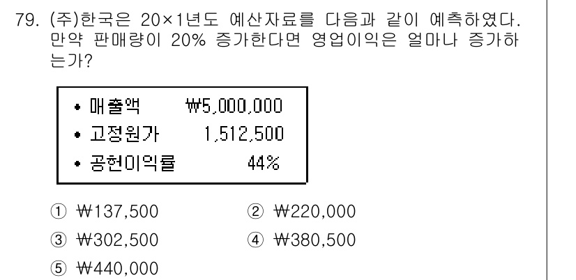 주택관리사보_1차 2017년 79번 - 영업익은 매출액에서 고정비용과 공헌이익을 차감하여 계산합니다. 주어진 매... 에 관한 핵심 기출문제