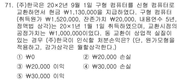 주택관리사보_1차 2018년 71번 - 이 경우, 초기 장부가액이 1,520,000원이며, 5년 사용 후 감가상... 에 관한 핵심 기출문제