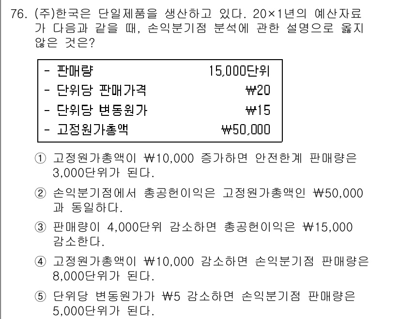 주택관리사보_1차 2018년 76번 - 고정원가가 상승하면 고정원가를 분산시키는 판매량이 필요하므로, 판매량 증... 에 관한 핵심 기출문제