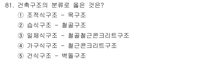 주택관리사보_1차 2018년 81번 - 건축구조의 분류에서 목조는 조적식구조와 결합될 수 있지만, 일반적으로 목... 에 관한 핵심 기출문제