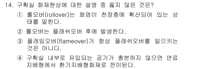 화재감식평가산업기사 2019년 14번 - . 롤오버(rollover)는 화염이 천장까지 확산된 상태를 말하며, 이... 에 관한 핵심 기출문제