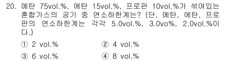 화재감식평가산업기사 2019년 20번 - 정답은 3번 6 vol.%입니다. 메탄과 에탄의 혼합 비율을 고려할 때,... 에 관한 핵심 기출문제