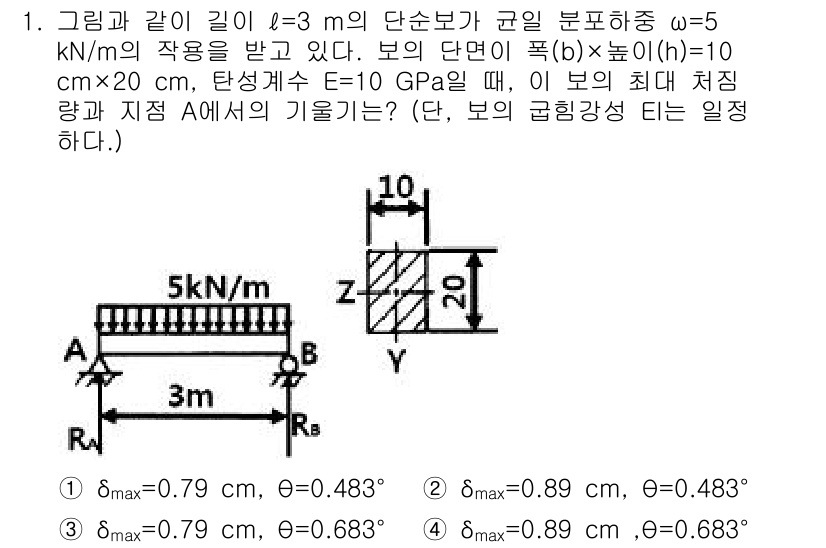 건설기계설비기사 2018년 1번 - 주어진 문제에서 보의 길이와 단면적에 따라 최대 처짐을 구하기 위한 계산... 에 관한 핵심 기출문제
