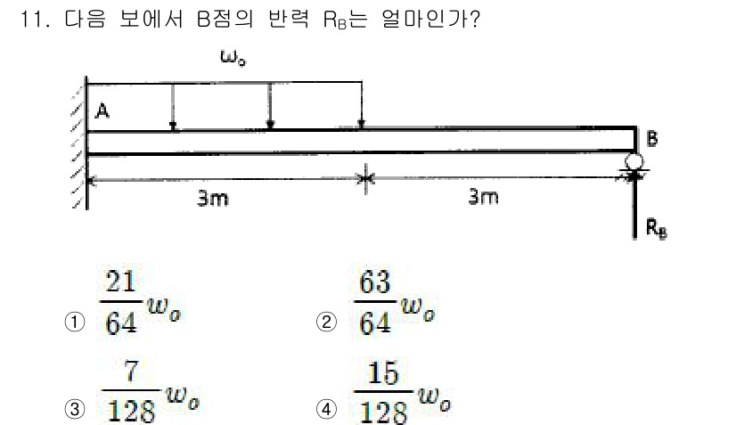 건설기계설비기사 2018년 11번 - B점의 반력 \( R_B \)를 구하기 위해서는 베르누이의 원리를 이용할... 에 관한 핵심 기출문제