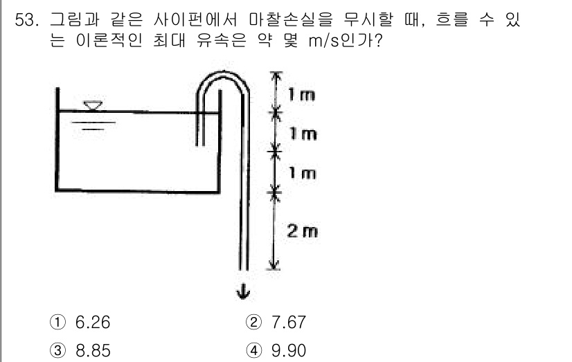 건설기계설비기사 2018년 53번 - 주어진 문제에서는 마찰손실이 없는 경우 최대 유속을 구해야 합니다. 이론... 에 관한 핵심 기출문제