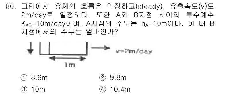 응용지질기사 2015년 80번 - B 지점의 수두(hB)는 다음과 같이 계산할 수 있습니다. A 지점의 수... 에 관한 핵심 기출문제