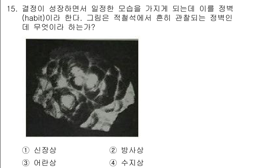 응용지질기사 2016년 15번 - 정답은 4번 수지상이다. 이 그림은 결정의 성장 과정에서 나타나는 특정 ... 에 관한 핵심 기출문제