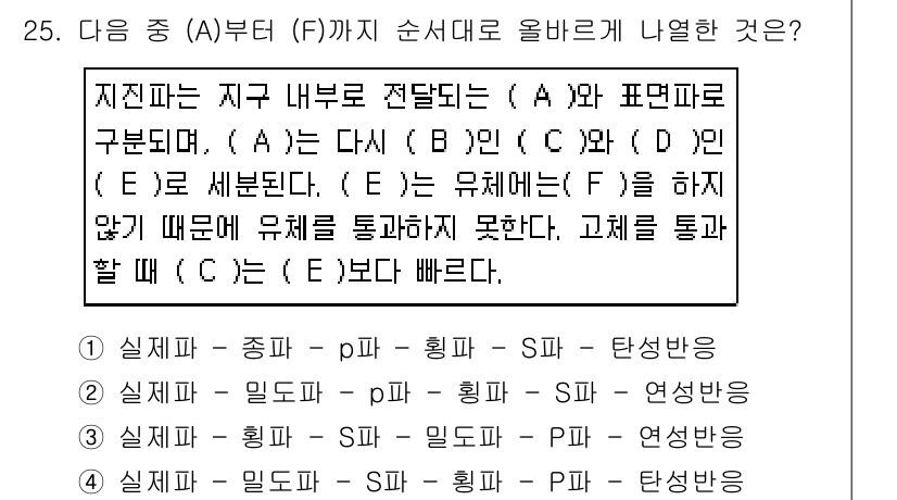 응용지질기사 2016년 25번 - 지진파의 순서는 매질의 성질에 따라 달라진다. P파는 S파보다 더 빠르게... 에 관한 핵심 기출문제