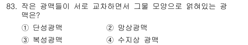 응용지질기사 2017년 83번 - 정답은 3번 복성광맥입니다. 복성광맥은 작은 광맥들이 서로 연결되어 있는... 에 관한 핵심 기출문제