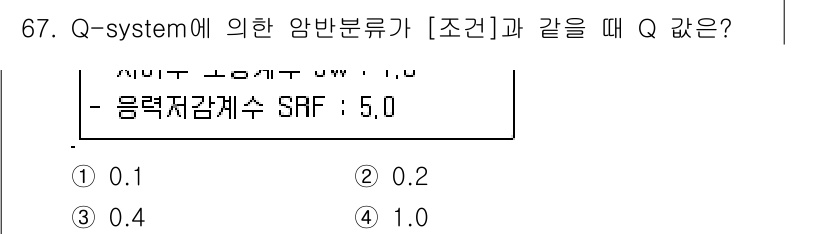 응용지질기사 2019년 67번 - Q-system에 의한 암반분류에서 Q 값은 주어진 조건에 따라 결정되며... 에 관한 핵심 기출문제