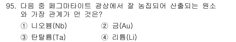 응용지질기사 2019년 95번 - 정답은 1번 니오븀(Nb)입니다. 니오븀은 페그마타이트 광상에서 잘 형성... 에 관한 핵심 기출문제