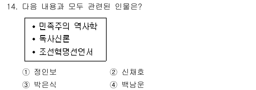 국내여행안내사_1차 2016년 14번 - . 신채호  
신채호는 민족주의 역사학의 선구자로서, 독립운동가로 활동하... 에 관한 핵심 기출문제