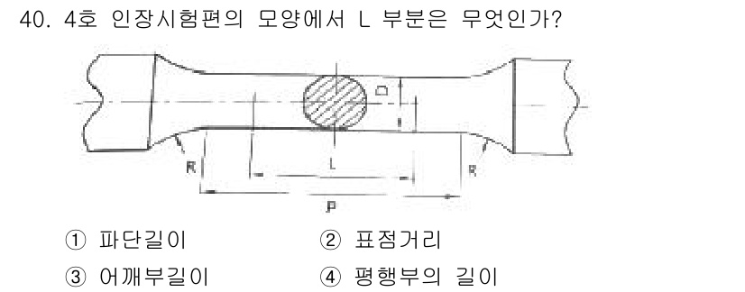 정밀측정산업기사 2017년 40번 - 정답은 1번, 파단길이입니다. L 부분은 인장 시험에서의 파단 지점을 의... 에 관한 핵심 기출문제